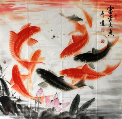 周升達四尺斗方精品《富貴久魚》