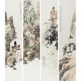 中美協龐銀時寫意人物畫四條屏《春來遍是桃花水》