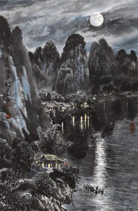 申凌翔 四尺三開《月照漁舟》 廣西山水畫名家