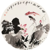 王寶欽 四尺團扇荷花《塘邊情趣》當代花鳥牡丹畫名家（詢價）